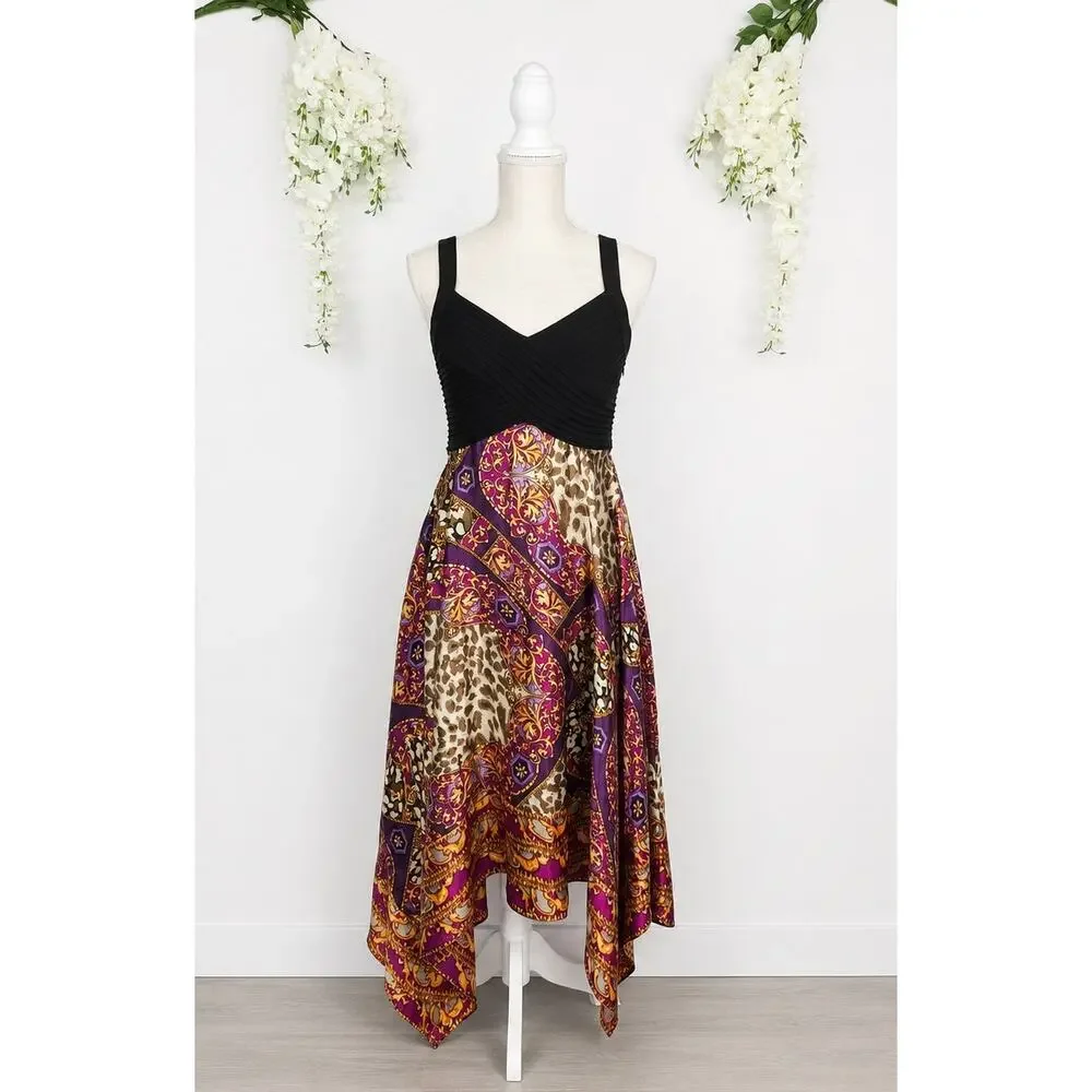 Signature by Robbie Bee Satin Handkerchief Hem Dress 8P Black Baroque Vacation